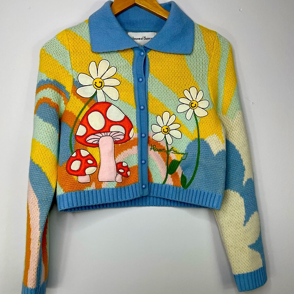 House of Sunny Mushroom Floral Cropped Cardigan Size 8 - Picture 1 of 12